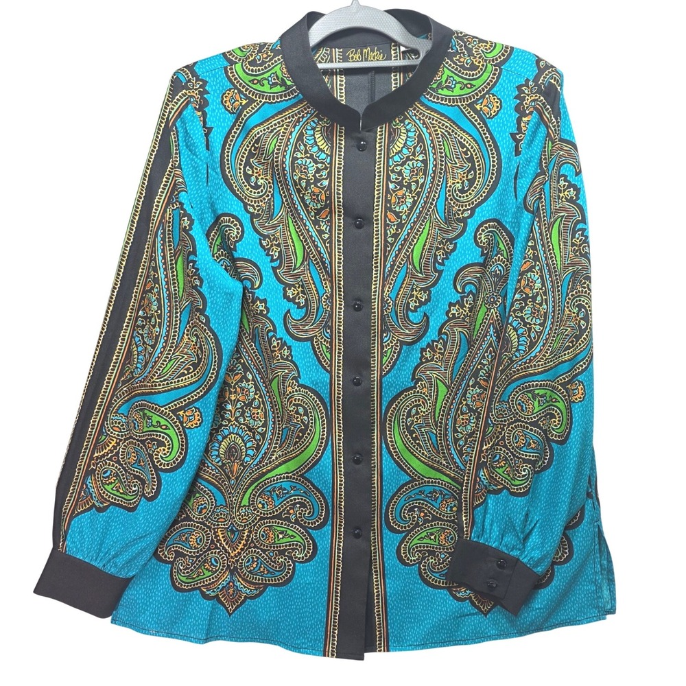 Bob Mackie Wearable Art Paisley Button Down‎ Blouse Turquoise Blue Green Sz L
